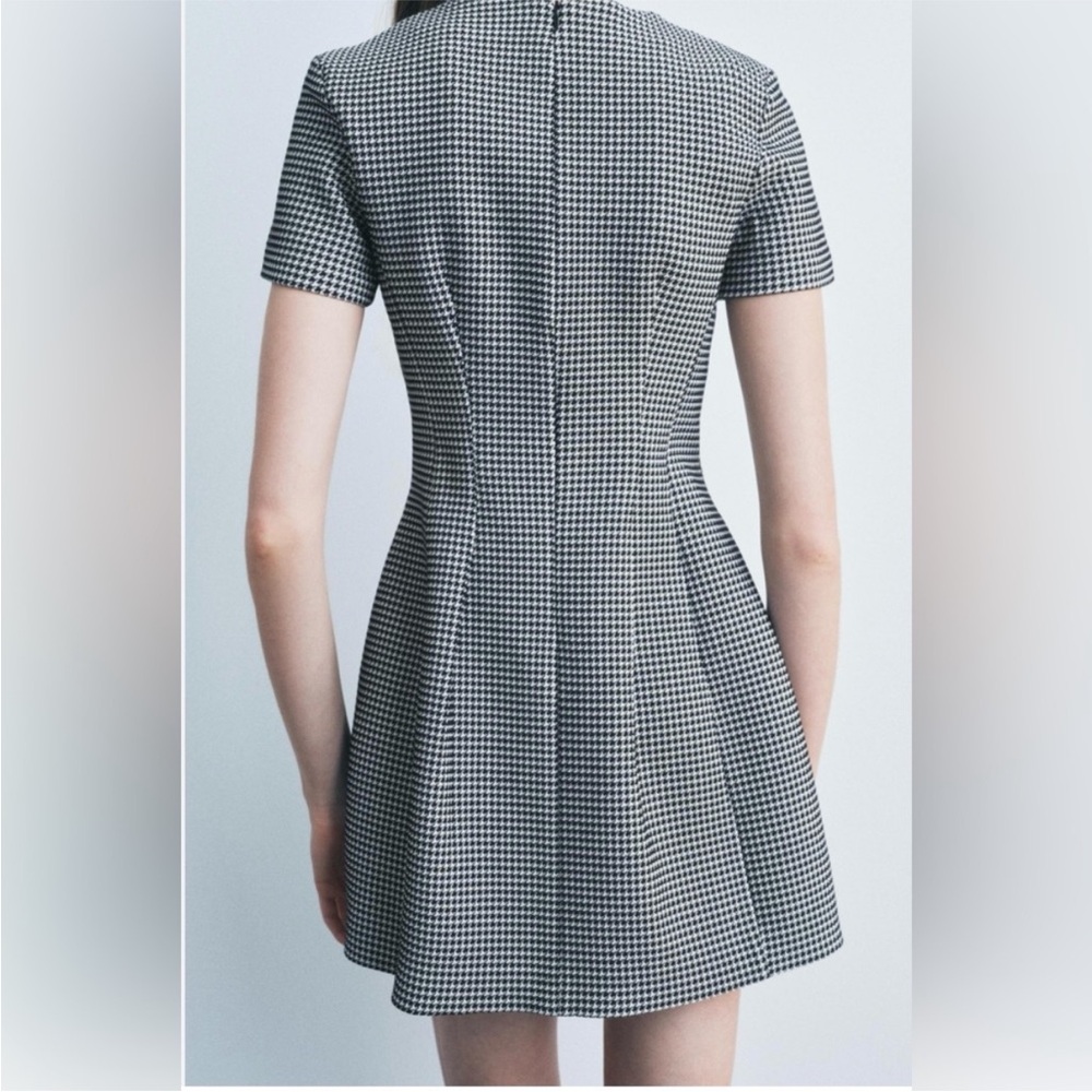 Zara NWT black & white houndstooth checkered print short sleeve mini dress - Picture 4 of 7